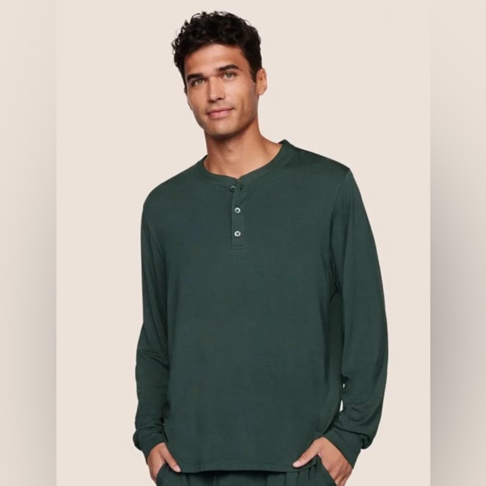 Eberjey Henry Shirt Sz L Long Sleeve Lounge Green Men's Henley Style NWOT